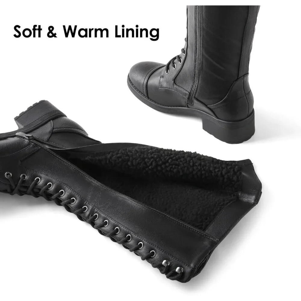 Women's Polyurethane Pu Georgia-Black Double buckle Knee High Riding Combat Boot
